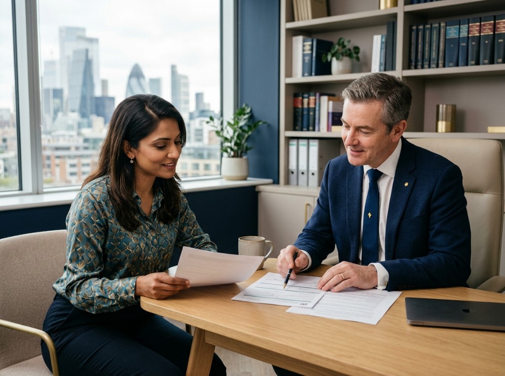 Senior immigration lawyer in consultation with a client in a London office
